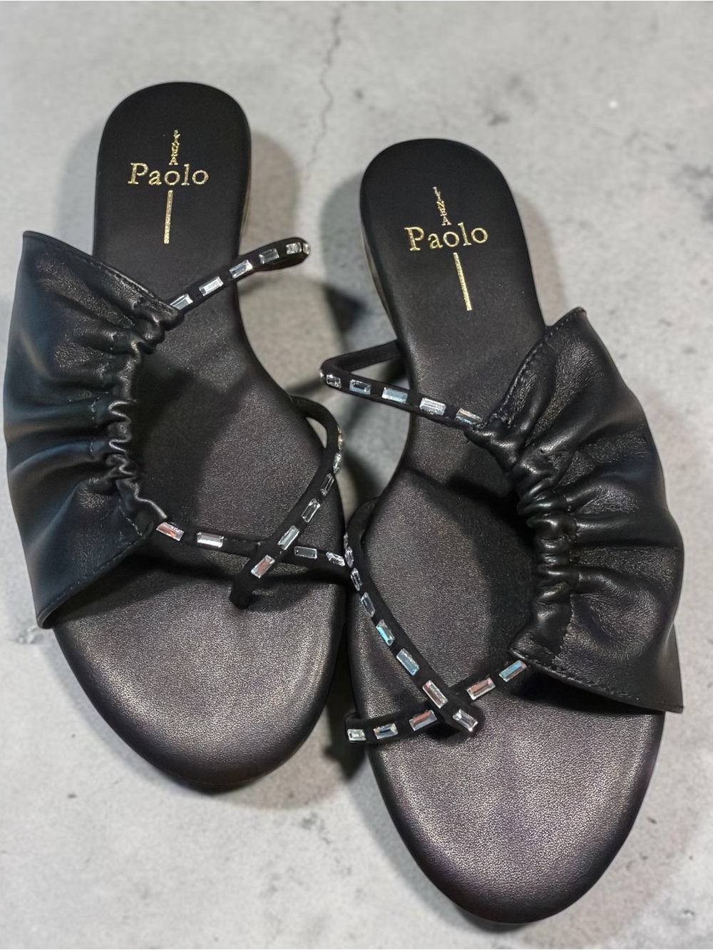 Paolo Black Ruched Slide Sandals with Crystal Straps